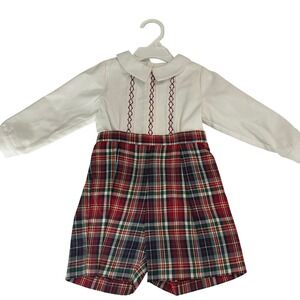 Luli & Me Baby Boy Plaid Shorts Set Smocked Shirt Red Green‎ White 9M Heirloom